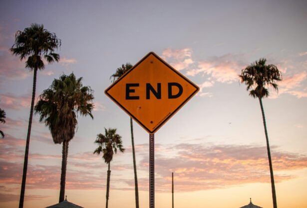 Diamond shaped street sign reads END with the backdrop of a dusk sky with clouds and palm trees