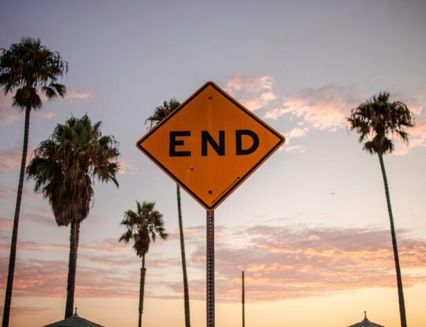 Diamond shaped street sign reads END with the backdrop of a dusk sky with clouds and palm trees