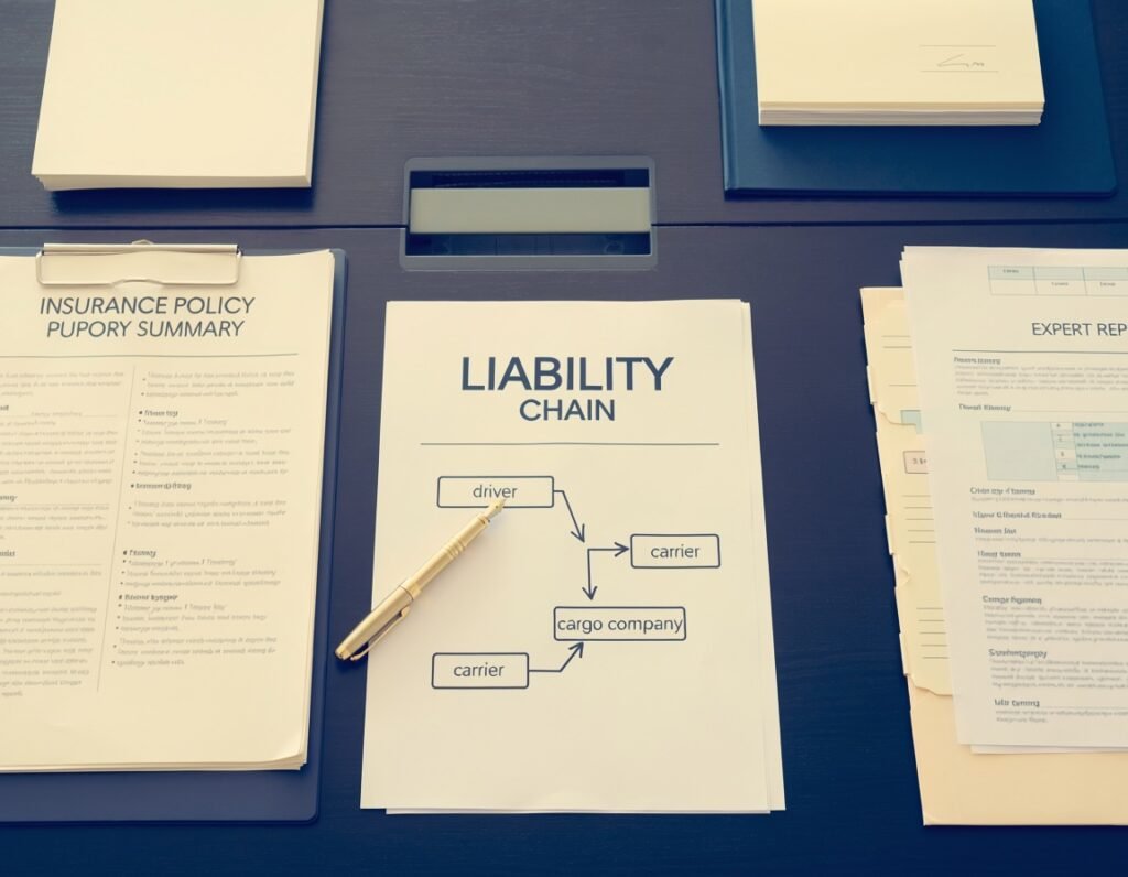 Florida 18-wheeler truck accident liability — multiple party liability analysis documents on attorney conference table, truck accident lawyer Lamar Legal