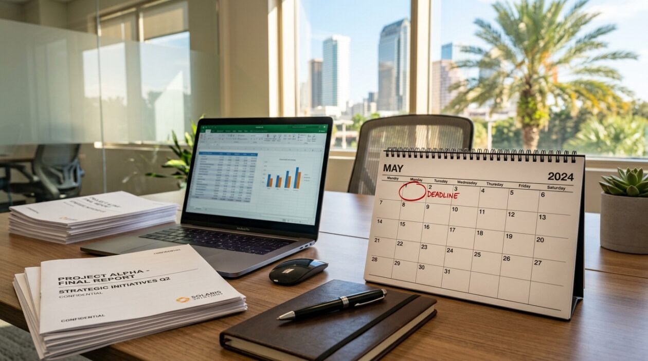 Florida annual report filing deadline calendar showing May 1st on a business desk