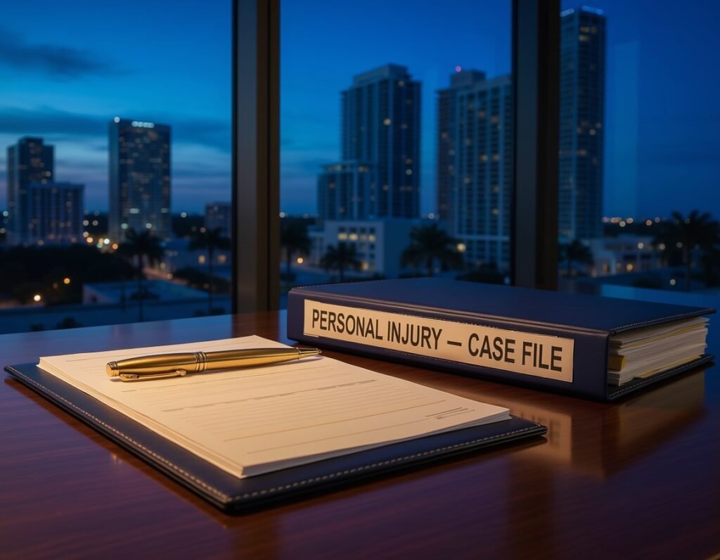 Florida personal injury attorney consultation — attorney reviewing case documents with injury victim, no fee unless we win, Lamar Legal