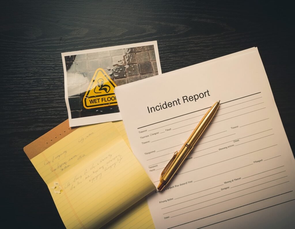 Florida premises liability evidence — wet floor without warning sign and incident report on attorney desk, slip and fall lawyer South Florida Lamar Legal