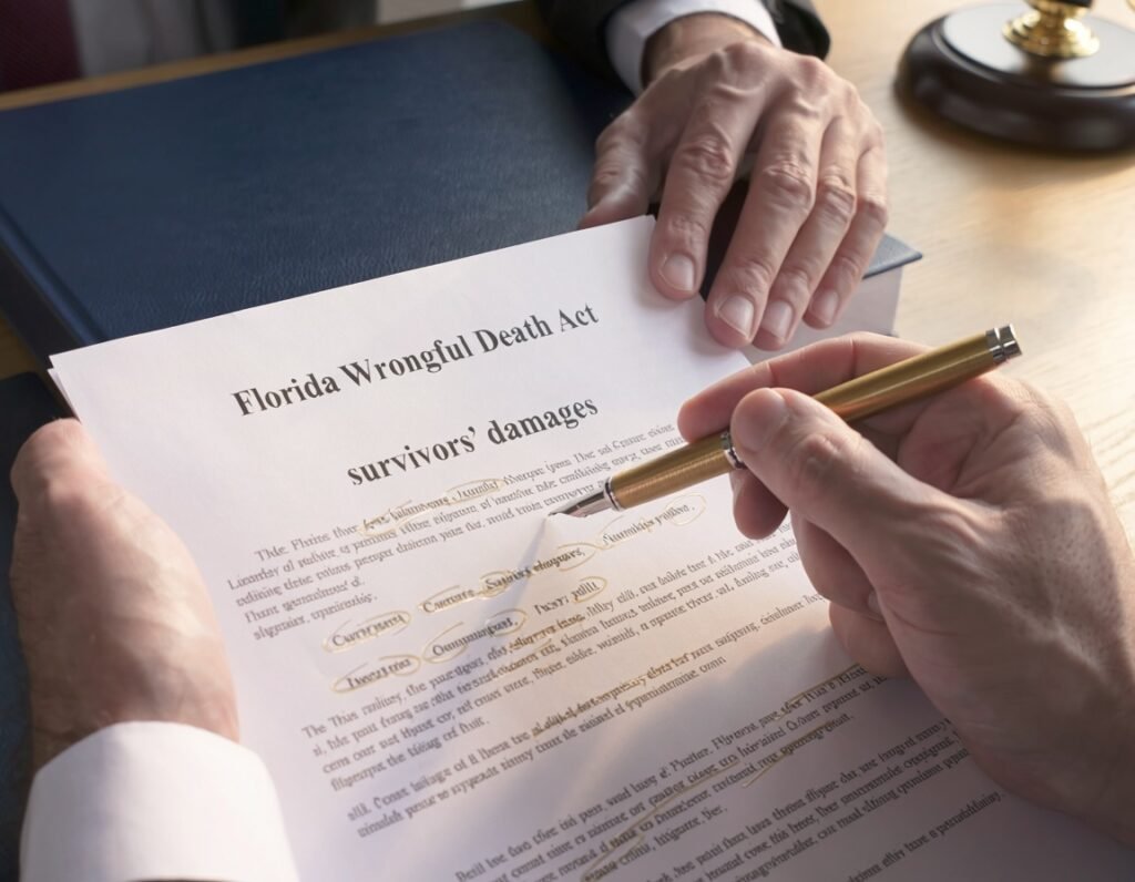 Florida wrongful death damages and survivors — wrongful death attorney reviewing estate and survivor compensation documents, Lamar Legal personal injury Florida