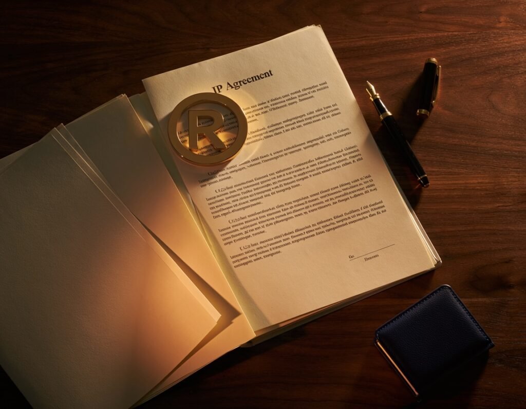 IP assignment agreement and NDA documents in navy leather folio with registered trademark symbol — intellectual property agreements for founders Lamar Legal