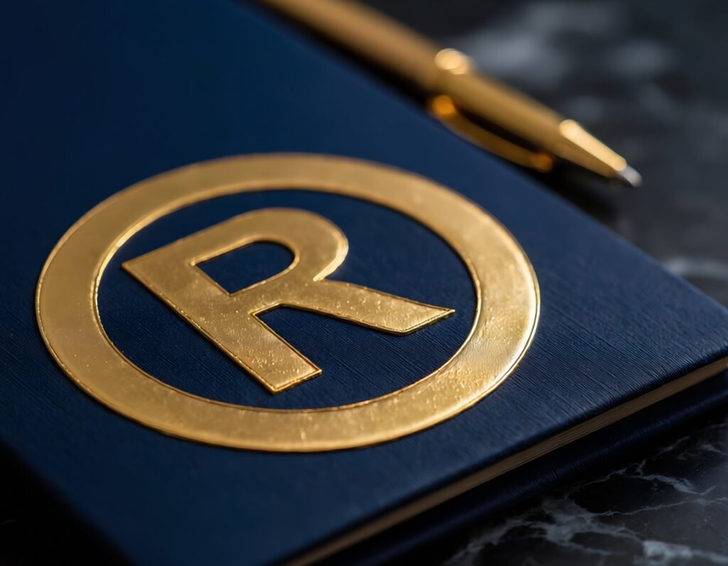 Federal trademark application form with fountain pen and registered trademark symbol paperweight on walnut desk — Lamar Legal attorney services