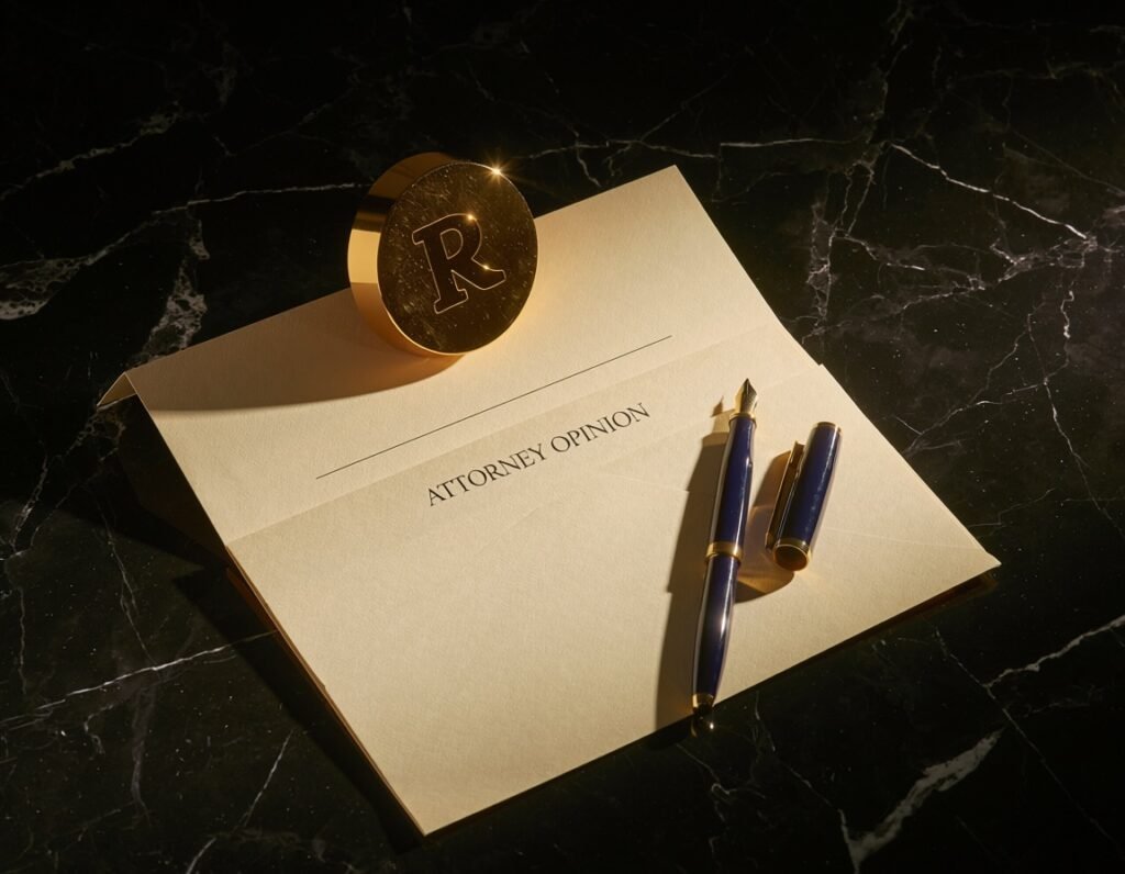 Trademark attorney opinion letter on cream letterhead with gold registered trademark symbol paperweight — trademark clearance opinion Lamar Legal