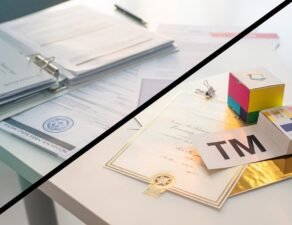 Business name registration Florida compared to trademark protection showing official documents and brand identity elements