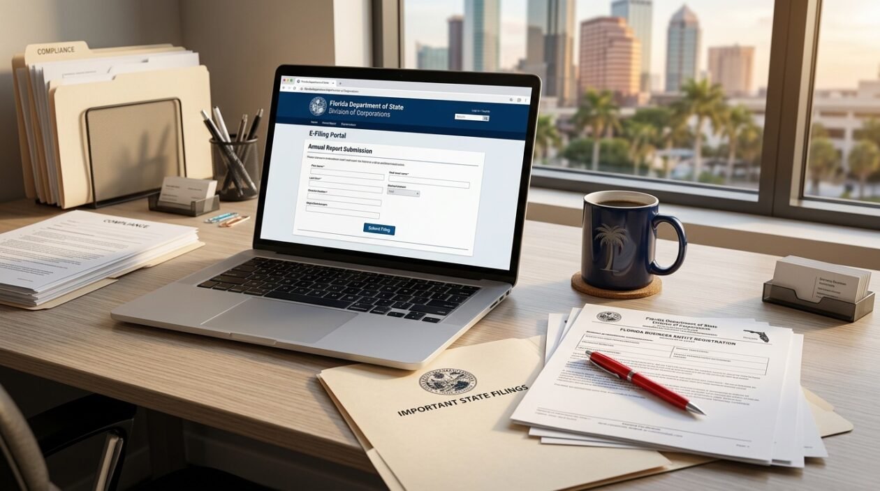 Florida business owner reviewing fraudulent annual report filings on computer to protect company identity