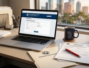 Florida business owner reviewing fraudulent annual report filings on computer to protect company identity