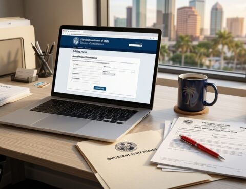 Florida business owner reviewing fraudulent annual report filings on computer to protect company identity