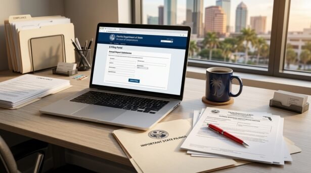 Florida business owner reviewing fraudulent annual report filings on computer to protect company identity