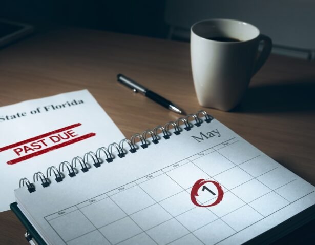 Calendar with May 1st circled representing missed Florida LLC annual report deadline and business compliance