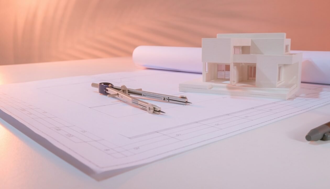 A fresh blueprint or architectural floor plan rolled out flat on a clean surface, with a small miniature building model, a compass, and a pen nearby. How to start a business in Florida